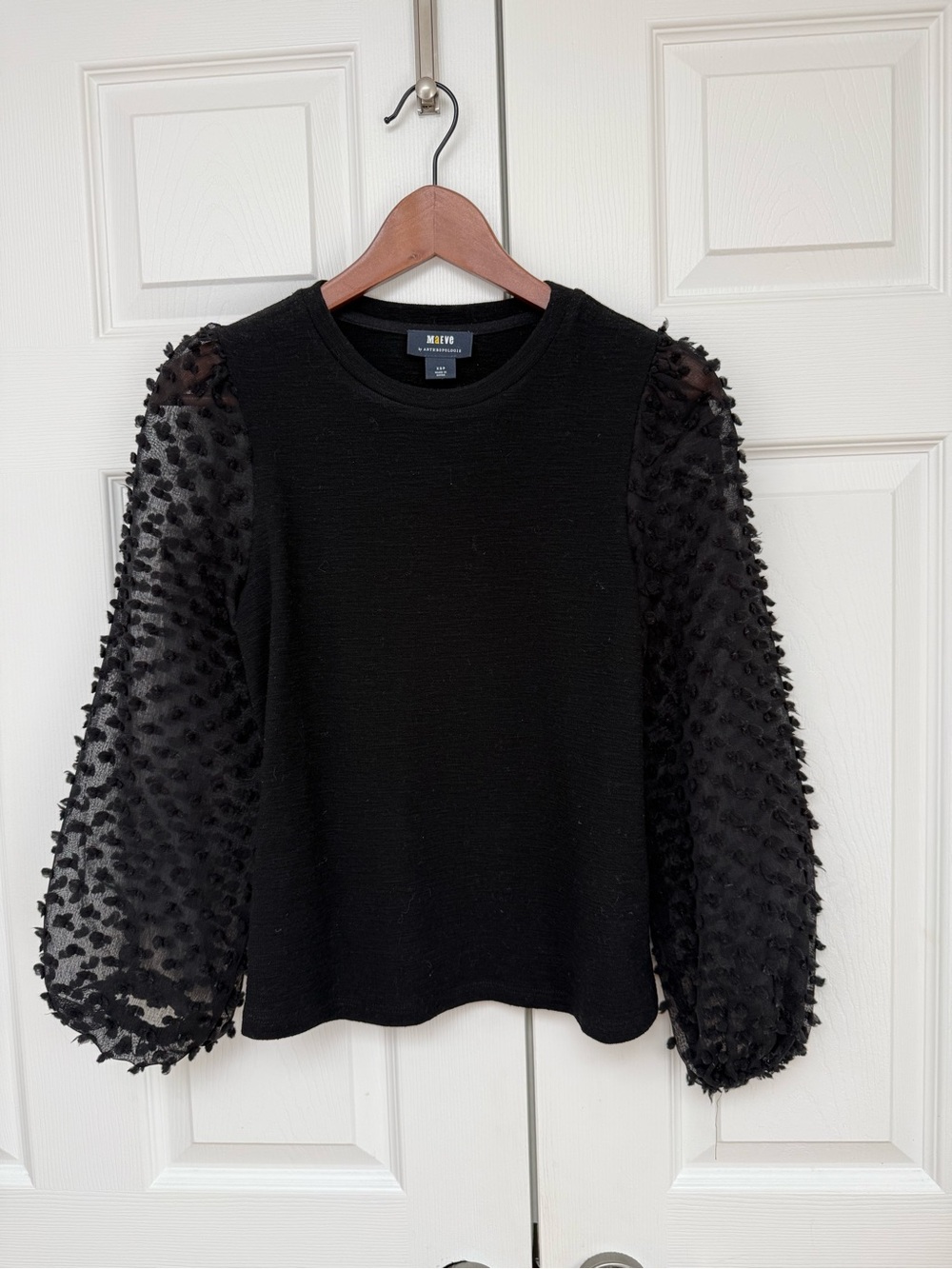 Anthropologie Maeve Black Textured Crew Top with Sheer Sleeves